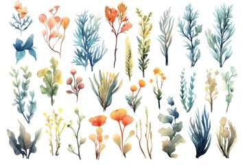 Watercolor underwater flora clip art on white background Generative AI