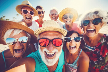 Happy group of senior people taking selfie and smiling at the camera on summer vacation. Pensioners traveling and having fun together on summer holiday