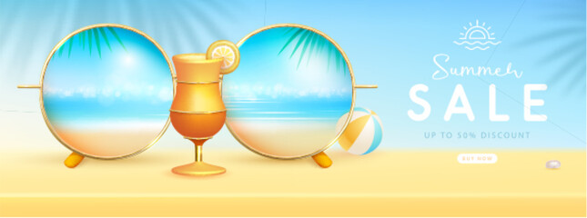 Realistic round shaped summer sunglasses with tropic ocean landscape background in lenses and cocktail. Summer big sale banner. Vector illustration.