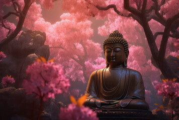 buddha statue on flowering trees in forest scenery, generative AI
