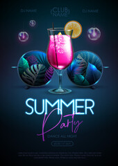 Summer disco party poster with round shaped sunglasses, fluorescent tropic leaves and cocktail. Vector illustration. - obrazy, fototapety, plakaty