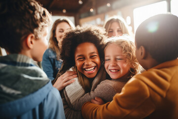 Obraz premium Group of people hugging in a circle in a therapy session