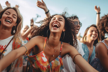 A diverse and energetic group of millennials dancing with joy and excitement at a lively music festival.