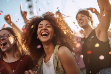 A diverse and energetic group of millennials dancing with joy and excitement at a lively music festival.