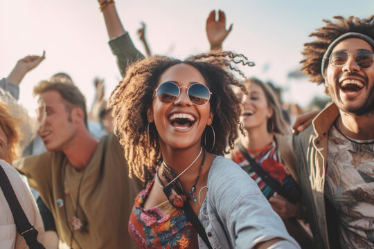 A diverse and energetic group of millennials dancing with joy and excitement at a lively music festival.