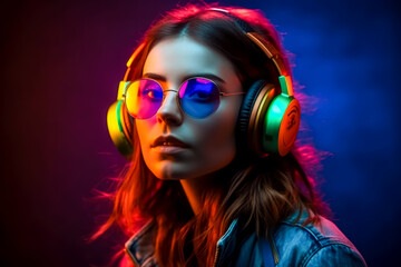 Portrait of woman dj in sunglasses and headphones on colorful background. generative AI