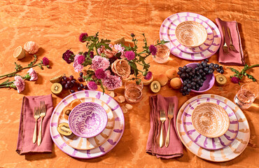 food, table, plate, decoration, celebration, fruit, flower, gourmet, napkin, roses, gold, multi colored, orange, purple, Spanish, pattern, hand painted 