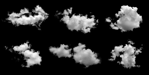 Set of white clouds or fog for design isolated on black background.