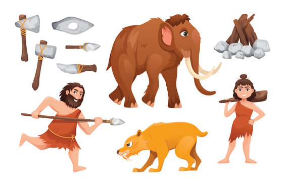 Primitive people in Stone Age, caveman life, vector illustration. Prehistoric cave human family. Neanderthal man and woman, primeval ancestors, vector cartoon illustration. Mammoth and tiger