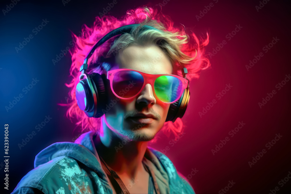 Wall mural Portrait of man dj in eyewear and headphones on neon dark background. generative AI