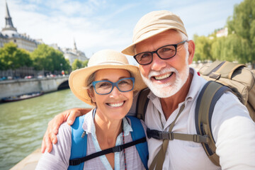 Obraz premium Happy Older Couple take selfie on vacation, Paris in background. Funny senior couple arrive at their vacation spot in Paris France