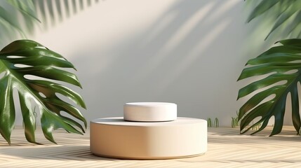 white round shape stage backdrop with tree leaf tropical nature decorating frame on green background advertisment template mock up design,ai generate