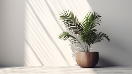 tropical palm tree pot on white clean clear wall with sun light and shade beautiful backdrop mockup nature template design,ai generate