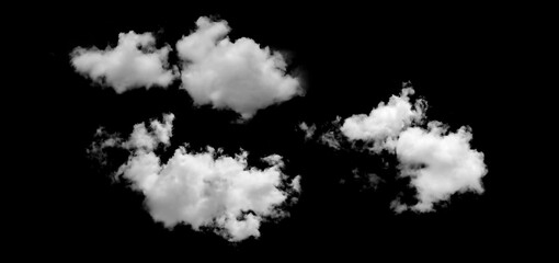 Set of white clouds or fog for design isolated on black background.