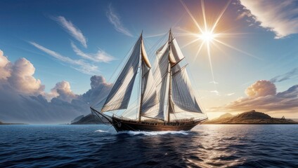 Fototapeta na wymiar Sailboat in the sea against the background of the sun and blue sky with clouds. Generative AI