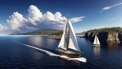 Fototapeta premium Sailboat in the sea against the background of the sun and blue sky with clouds. Generative AI