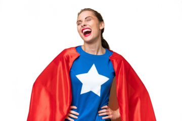 Super Hero caucasian woman over isolated background posing with arms at hip and smiling