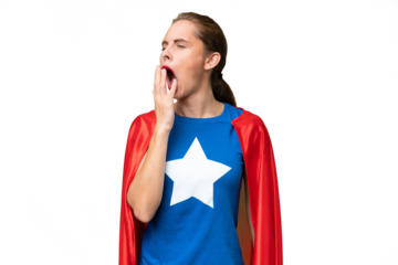 Super Hero caucasian woman over isolated background yawning and covering wide open mouth with hand