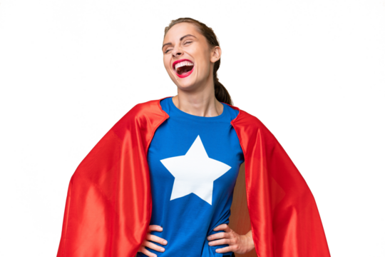 Super Hero caucasian woman over isolated background posing with arms at hip and smiling