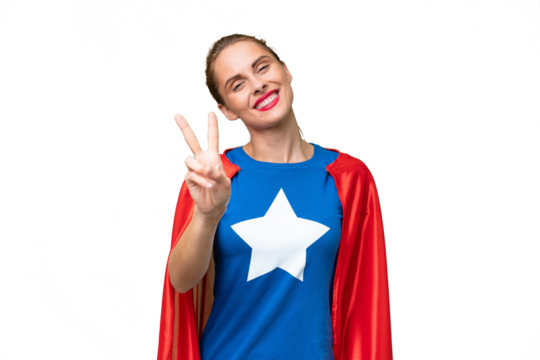 Super Hero caucasian woman over isolated background smiling and showing victory sign