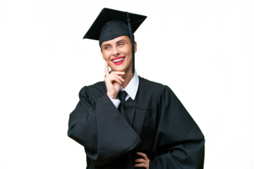 Young university graduate  caucasian woman over isolated background thinking an idea while looking up