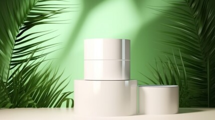 white round shape stage backdrop with tree leaf tropical nature decorating frame on green background advertisment template mock up design,ai generate