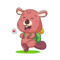 Cute Beaver Cartoon Character with backpacker Mascot vector illustration. Kawaii Adorable Animal Concept Design. Isolated White background.