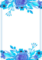 Hand drawn watercolor blue flowers and leaves post card. Isolated on white. Can be used for cards, banners, invitations, label.