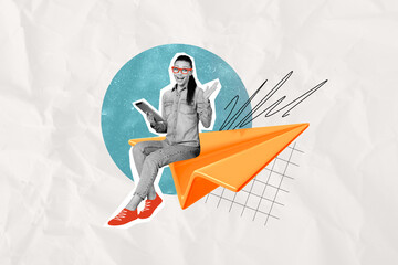 Obraz premium Full body photo magazine collage of funny young girl sit paper airplane sending message social media tablet isolated on white background