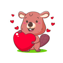 Cute Beaver Cartoon Character holding love heart Mascot vector illustration. Kawaii Adorable Animal Concept Design. Isolated White background.
