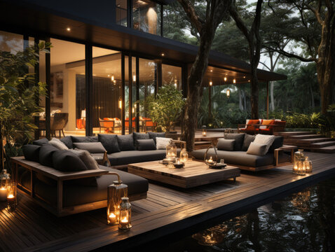 By the pool, a scene in the evening with couches and lounge chairs. A lavish side outside garden at morning with a teak hardwood deck and a black pergola.
