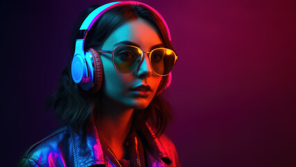 Portrait of woman dj in sunglasses and headphones on colorful background. generative AI