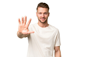 Young blonde caucasian man over isolated background counting five with fingers