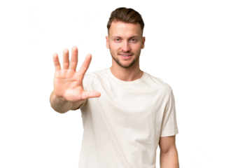 Young blonde caucasian man over isolated background counting five with fingers