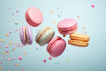 Close up of  macaroons flying in the air, food creative background 