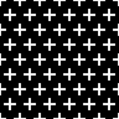 Obraz premium Repeated white pluses on black background. Crosses wallpaper. Seamless surface pattern design with polygons. Mosaic motif. Digital paper for page fills, web designing, textile print. Vector art.