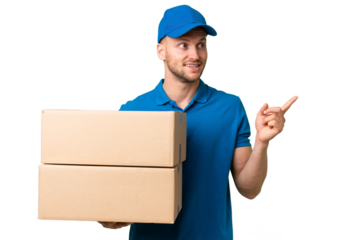 Delivery caucasian man over isolated background intending to realizes the solution while lifting a finger up