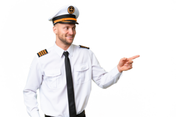 Airplane pilot man over isolated background pointing finger to the side and presenting a product