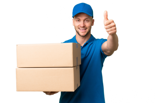 Delivery caucasian man over isolated background with thumbs up because something good has happened