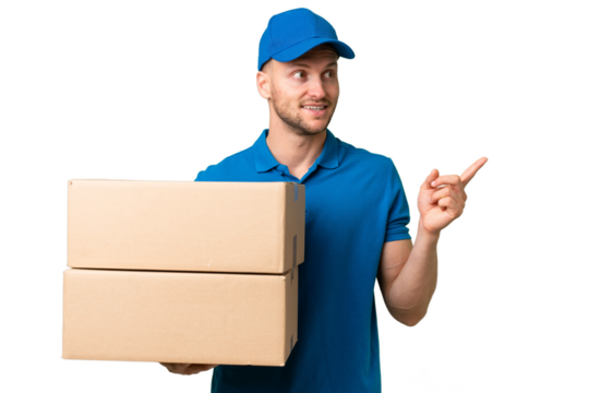 Delivery caucasian man over isolated background intending to realizes the solution while lifting a finger up