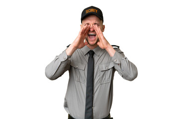 Young security caucasian man over isolated background shouting and announcing something