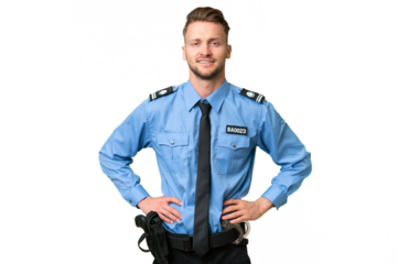 Young police man over isolated background posing with arms at hip and smiling