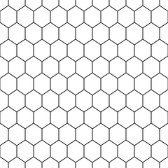 Repeated white polygons on black background. Honeycomb wallpaper. Seamless surface pattern design with regular hexagons. Grill motif. Digital paper for page fills, web designing, textile print. Vector