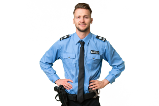 Young police man over isolated background posing with arms at hip and smiling