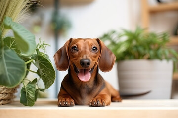 Happy dachshund dog with  sticking out the tongue in the scandinavian interior