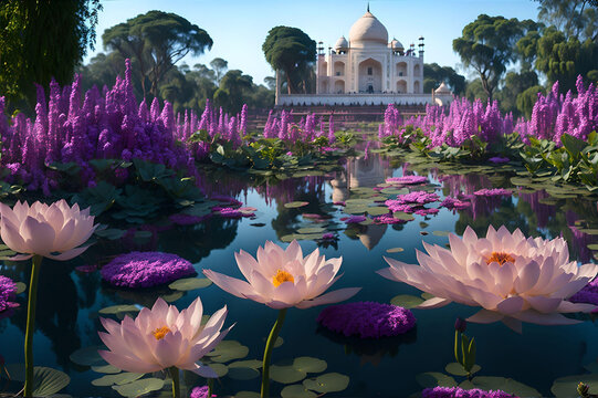 imágenes generadas por ordenador del Taj Mahal con preciosos jardines con flores, y lagos de aguas cristalinas.