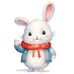 Fototapeta na wymiar Single smile blue shirt cute bunny with red scarf