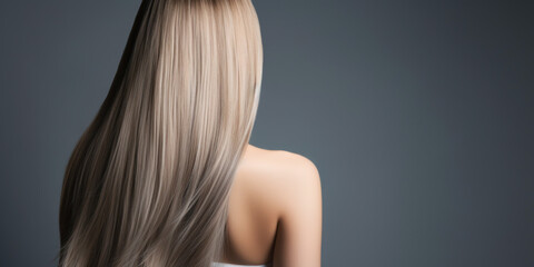 Naklejka premium woman with a stright long healthy blond hair. rear view. banner with copy space. generative AI