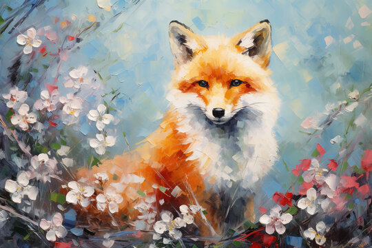 fox in flower blossom atmosphere gloden colorful oil paint