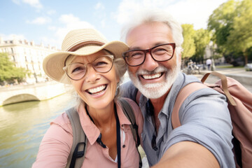 Happy Older Couple take selfie on vacation, Paris in background. Funny senior couple arrive at their vacation spot in Paris France